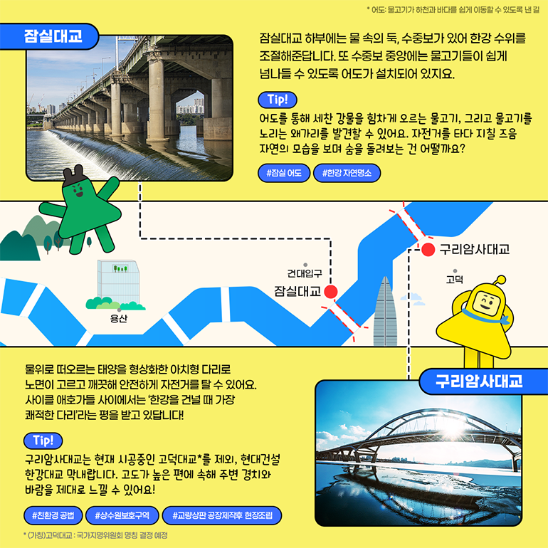 한강에 다리를 가장 많이 건설한 회사는? 현대건설! 현대건설은 한강 다리 34개 중 14개를 건설했습니다.일산대교마곡대교가양대교성산대교양화대교당산철교서강대교마포대교한강대교한남대교성수대교잠실대교구리암사대교(가칭)고덕대교(2024년 개통예정) 현대건설과 함께한 서울 한강 투어, 잘 따라오셨나요? 오늘날 한강을 잇는 다리는 통행로를 넘어 사람들의 문화와 여가를책임지는 삶의 공간이 되었습니다. 이번 주말도 현대건설과 함께 즐겁게 보내세요! 고덕대교는 국가지명위원회 명칭 결정 예정.